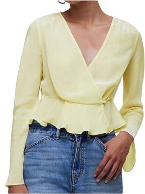 Madewell Pastel Yellow Peplum Wrap Top Sz 12 V-Neck Sheer Bell Sleeve